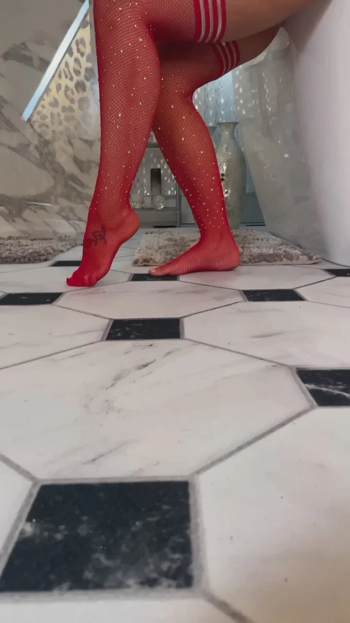 Kixies Joely Rhinestone Fishnet Thigh-High Red Size B