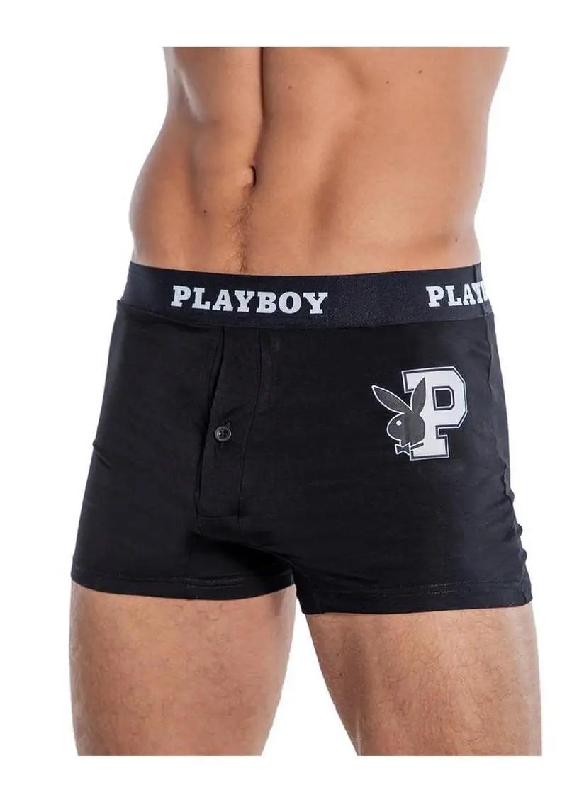Playboy Mens Varsity Boxer Briefs – Black/White – XLarge